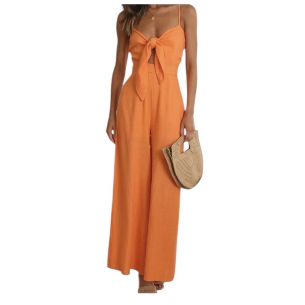 The Free Yoga Orange L Wide-Leg Jumpsuit Tie Front Pockets crinkle Beach Resort